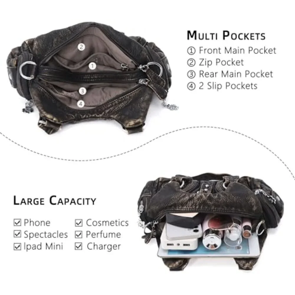 Small Hobo Shoulder Bag Vegan Leather Multi-Pocket Tote Zipper Classic Chic